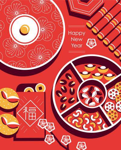 【南门网dcpsd.com】海报 中国传统节日 春节 新年 年货 大集 扁平 插画 红金