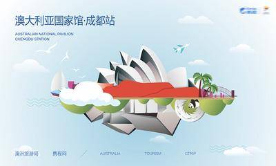【南门网dcpsd.com】海报 活动展板 旅行 旅游 创意 主画面 背景板 绘画 插画 卡通 创意 矢量 熊猫 环球中心 悉尼歌剧院 太古里 太阳升鸟 帆船 质感