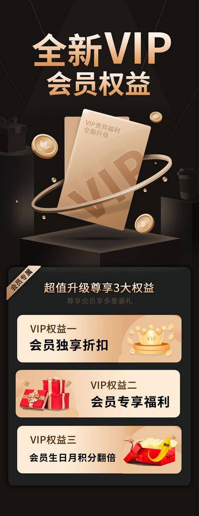 【南门网dcpsd.com】广告 海报 全新 vip 会员 权益 黑金卡 礼品 皇冠 层次感 环绕 金币 专属 福利 超值 生日