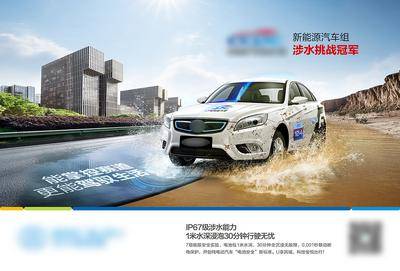 【南门网dcpsd.com】广告 海报 展板 汽车 背景板 主画面 新能源汽车 涉水性能海报 涉水挑战 水陆 水花 城市道路 泥泞道路 电能 对比 沙漠