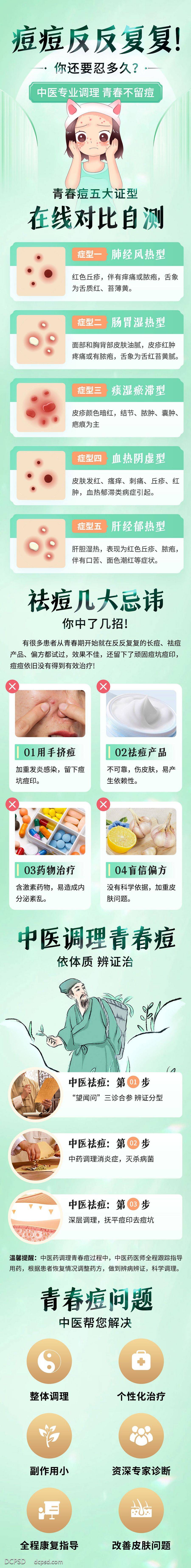 【南门网dcpsd.com】广告 海报 电商 青春痘 长图 插画 人物 专题 祛痘 中医 落地页 详情页 专题页 青春痘 百度推广 浅绿 清新色 皮肤 医疗