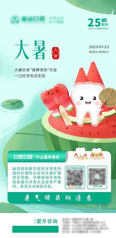 南门网 海报 口腔 健康 大暑 牙齿 宣传 科普 每日早图 夏日 西瓜 清凉