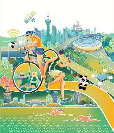 【南门网dcpsd.com】背景板 活动展板 插画 大运会 运动 成都 地标 卡通