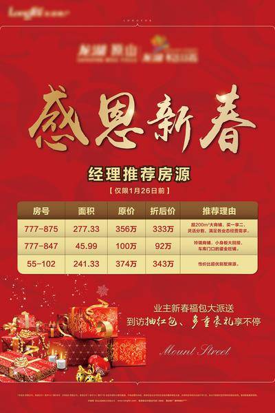 南门网 海报 房地产 感恩 新春 特价房 红金 礼盒 表格