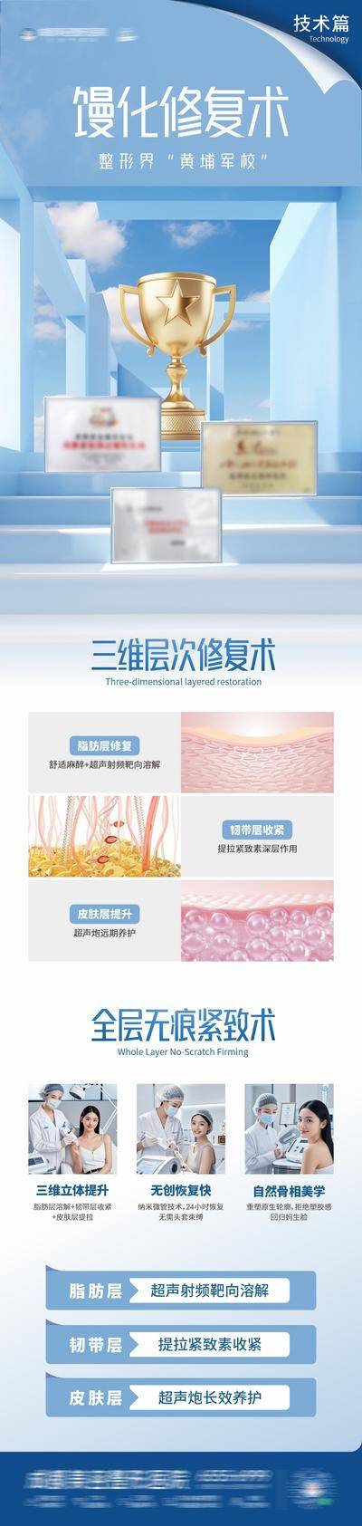 【南门网dcpsd.com】医美 科技 高端 奖杯 质感 创意 AI 模特 医院 医疗 美业 整形 塑形 轻医美 美容 版式 大气 高级 宣发 馒化 修复术 紧致 骨相 说明 皮肤 台阶 馒化修复术 层次 细胞 排列结构 奖牌 荣誉 无痕 提升