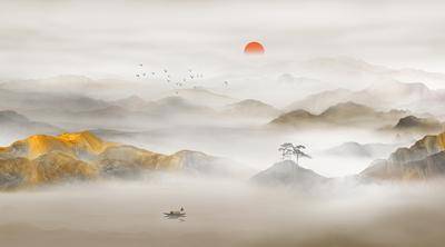 南门网 广告 海报 背景板 新中式 山水 水墨 背景墙 装饰画 国画山水