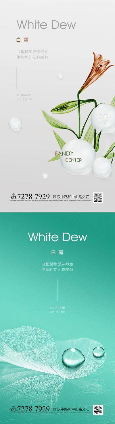 南门网 广告 海报 节气 白露 鲜花 水滴 简约 系列