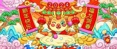 【南门网dcpsd.com】广告 海报 新年 龙年 龙 春节 祝福 展板 背景板 插画 卡通 2024