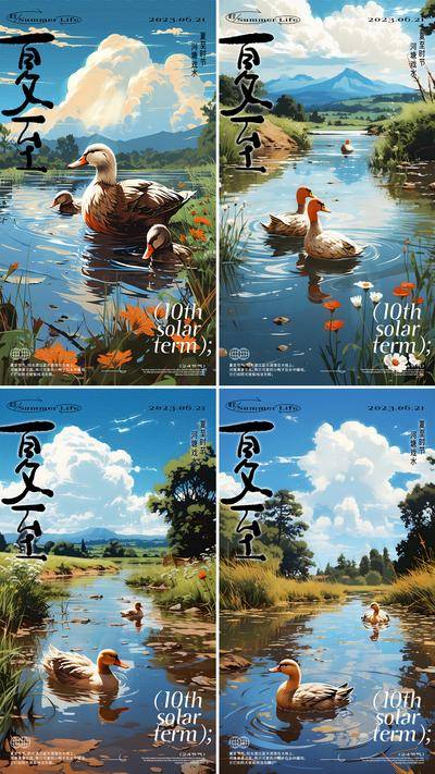南门网 广告 海报 节气 夏至 溪流 小溪 炎热 白云 蓝天 池塘 水潭 河塘 野外 野鸭 大自然 手绘 版画 戏水 鸭子 夏日 酷暑 夏天 二十四节气