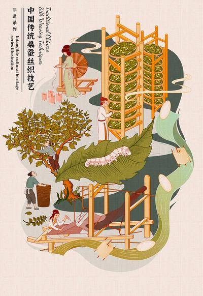 南门网 广告 海报 插画 非遗 传承 手绘 蚕丝 纺织 织布机 文化 桑叶