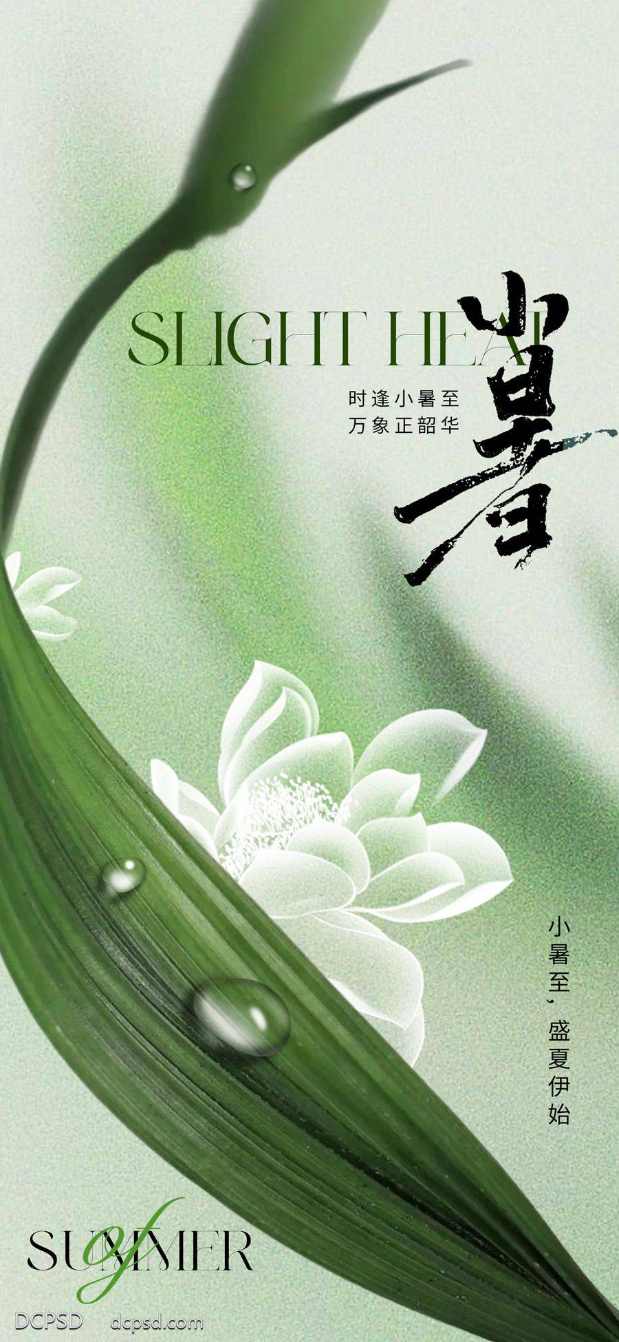 【南门网dcpsd.com】广告 海报 地产 小暑 节气 质感 美业 书法字 绿色 叶子 树叶 莲花 荷花 荷叶 清新 淡雅 弥散 朦胧 高级