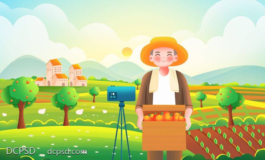 【南门网dcpsd.com】广告 海报 背景板 主画面 插画 手绘 农村 乡村 背景 直播 农业