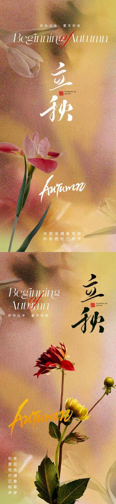 南门网 广告 海报 地产 立秋 节气 质感 新中式 禅意 秋天 秋季 花 花卉 高级 唯美 肌理 底纹 色彩