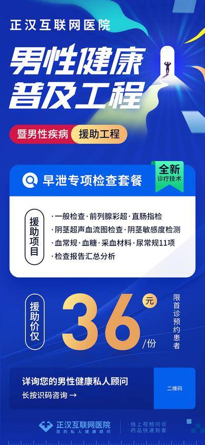 南门网 广告 海报 顾问 男科 私人 早泄 蓝红 猛男 壮男 抽象 蓝色 检查套餐 诊疗 健康工程 男性 检查