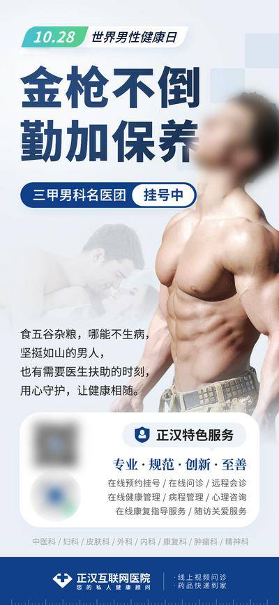 南门网 广告 海报 电商 肌肉 长图 展架 蓝色 挂号 猛男 壮男 金枪不倒 三甲名医 医疗 世界男性健康日 男性健康 易拉宝 西医