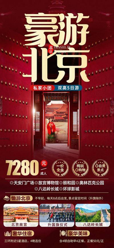 【南门网dcpsd.com】广告 海报 长图 天坛 展架 旅游 中式 中国风 颐和园 八达岭长城 天坛 天安门广场 故宫 红色 北京