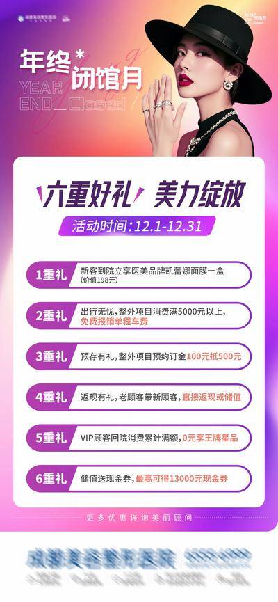 南门网 广告 海报 医美 促销 人物 高端 质感 创意 医院 美业 整形 美容 版式 大气 高级 模特 六重好礼 绽放 专场活动 规则 卡项 优惠 回馈 限时 超值 福利 渐变 年终福利