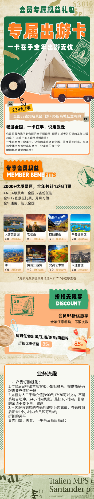 南门网 旅游 旅行 海报 年卡 套餐卡 长图 UI 出游 全国 景区 出游卡 权益 礼包 复古 拼贴 排版