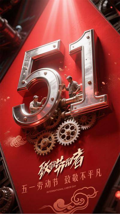 南门网 广告 海报 节日 劳动节 51 数字 机械 齿轮 赛博