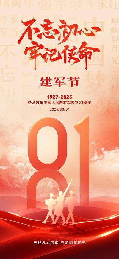 南门网 海报 中式 创意 系列 建军节 八一 81 2025 建军98周年 简约 军人 AIGC 庆祝 中国人民解放军