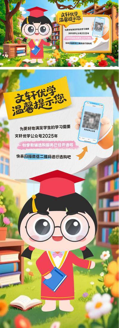 【南门网dcpsd.com】广告 海报 课程 教育 创意 系列 文轩优学 选购 手机 公众号 上线 温馨提示 设计 版式 排版 宣发 图书 卡通 可爱 校园 花朵 绿色 ip 3d 贴纸 卷页 学生 学习 培训