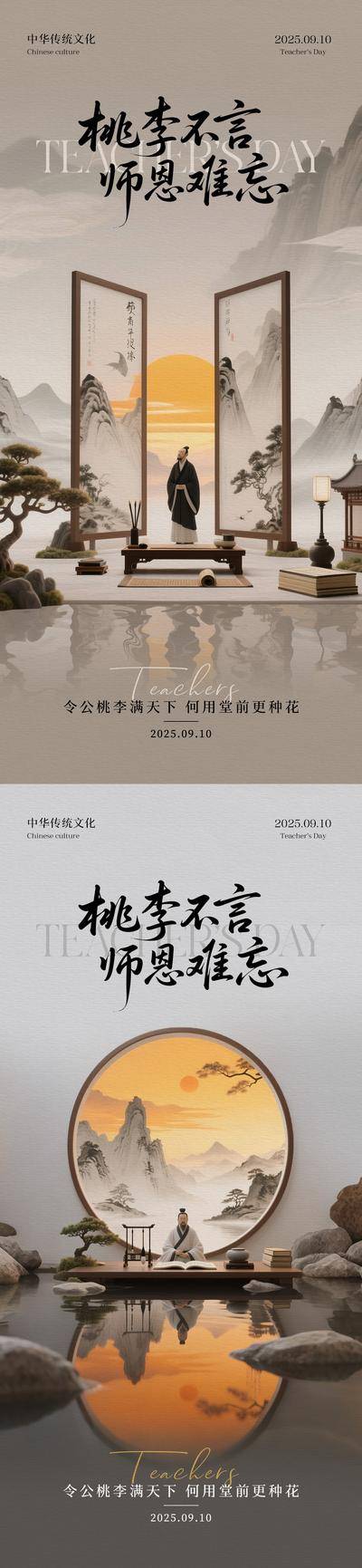 南门网 海报 中式 创意 教师节 系列 国风 3D C4D 山水 书法
