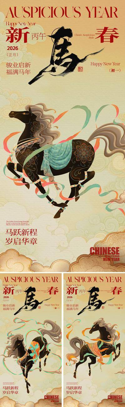 南门网 海报 中式 国潮 2026 马年 新年 新中式 水墨 写意 骏马 马 丙午年 初一 新春 春节 元旦 敦煌 年画 祥云 书法字 印章 贺卡 文化 文学 文创 书画 高级 设计感 大气 唯美 肌理 底纹