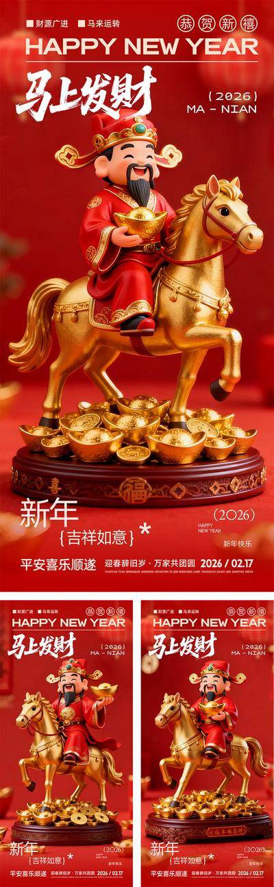 南门网 广告 红金 创意 马年 海拔 中国传统节日 2026 新年 元旦 除夕 春节 正月初五 迎财神 财神爷 马上发财 卡通 趣味 金元宝 金币 喜庆
