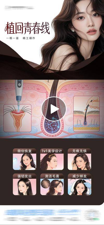 【南门网dcpsd.com】插画 医美 创意 植发 视频框 发际线 地中海 疤痕 斑秃 植发 治疗 头发 微创 减少掉发 强韧发丝 生发 头皮 护发 护理 激活毛囊 精准护理 深层滋养 柔顺发丝 案例 光影 渐变 模特 时尚 版式 大气