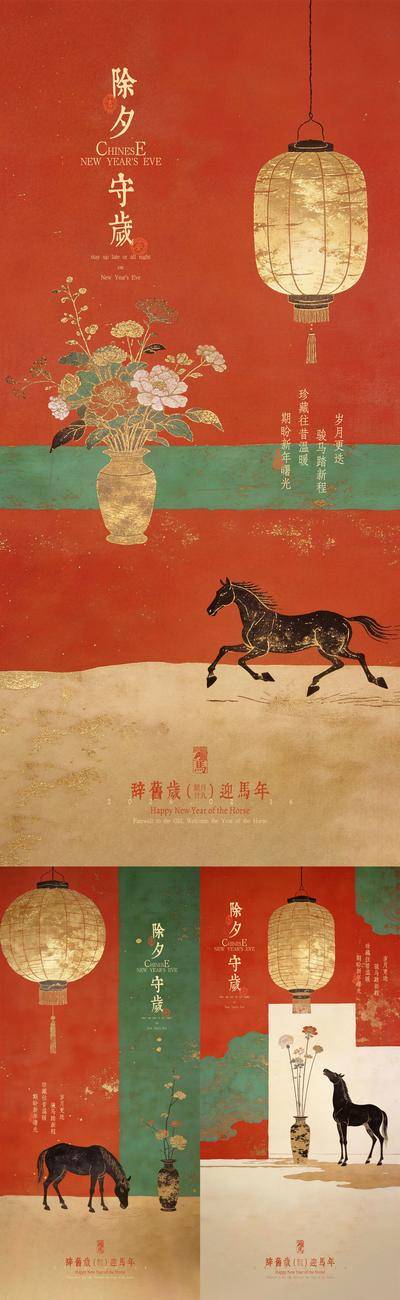 南门网 广告 海报 插画 除夕 中式 系列 中国传统节日 守岁 马年 新年 春节 马 花瓶 灯笼 漆画 辞旧迎新 古朴