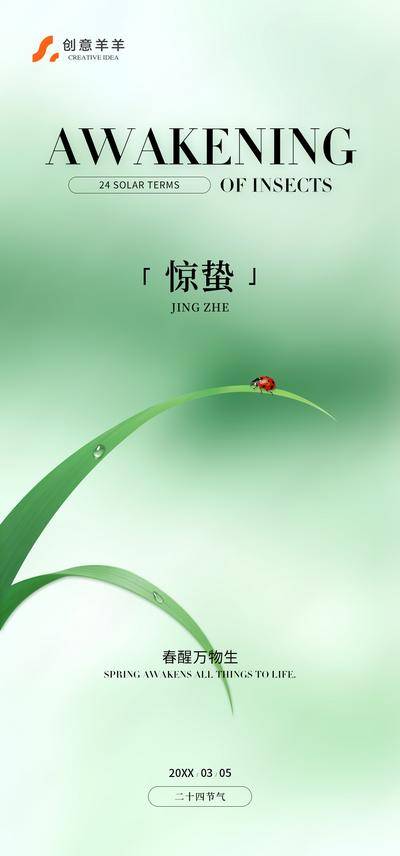 南门网 海报 二十四节气 春天 惊蛰 春季 绿色 瓢虫 小草