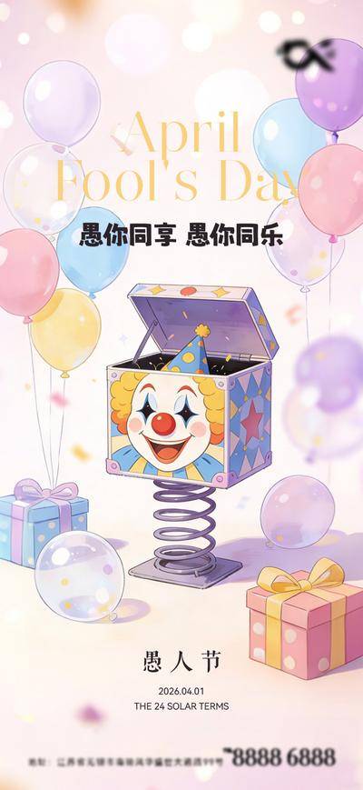 南门网 海报 插画 西方节日 愚人节 小丑 盲盒 礼盒 快乐 气球 生日 派对 笑脸 手绘 梦幻