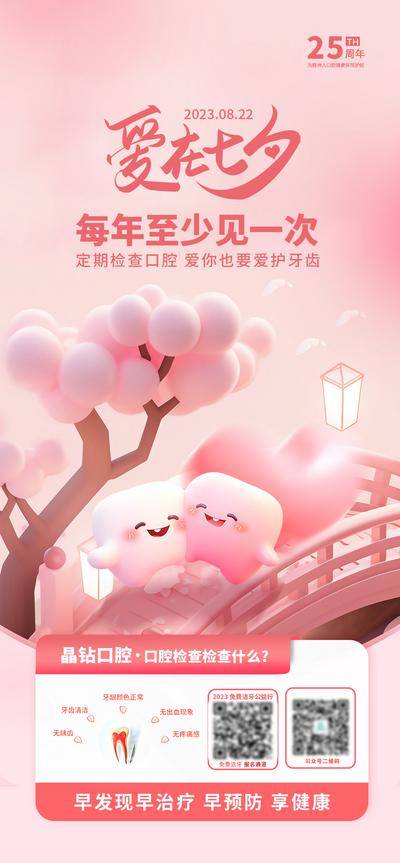 南门网 海报 口腔 健康 七夕 牙齿 宣传 科普 每日早图 检查 桃花 爱护 牙髓 3d卡通