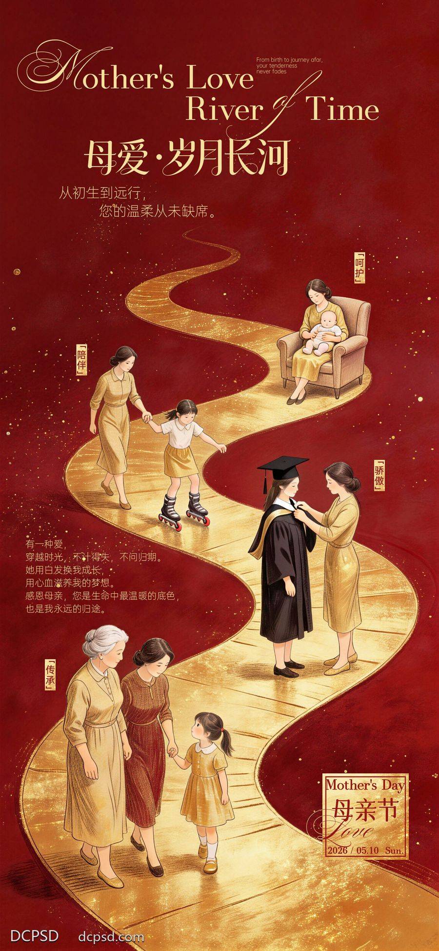 南门网 广告 海报 插画 母亲节 红金 创意 公历节日 母爱 岁月 长河 陪伴 传承